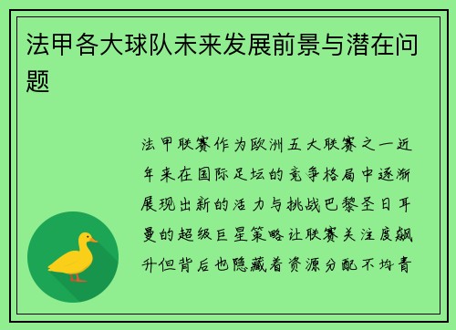 法甲各大球队未来发展前景与潜在问题
